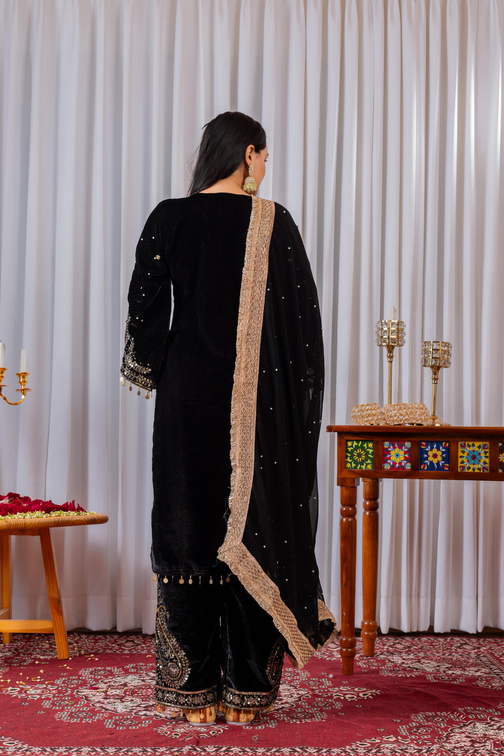 Women Black Velvet Kurta Set