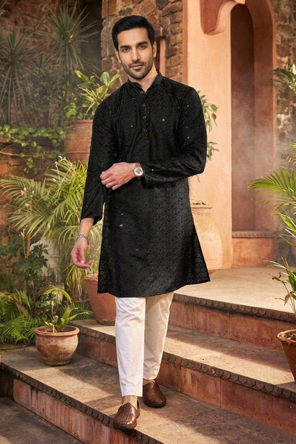 Men's Cotton Cream Designer Embroidery Work Kurta with payjama