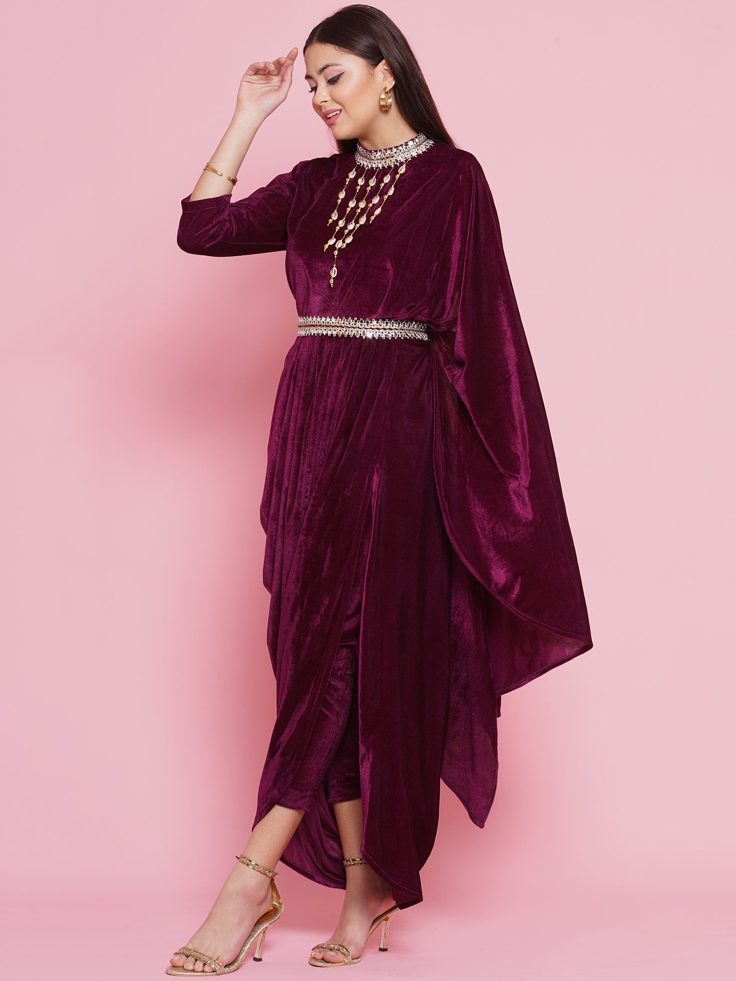 Women Wine Drape Kurta and Pant