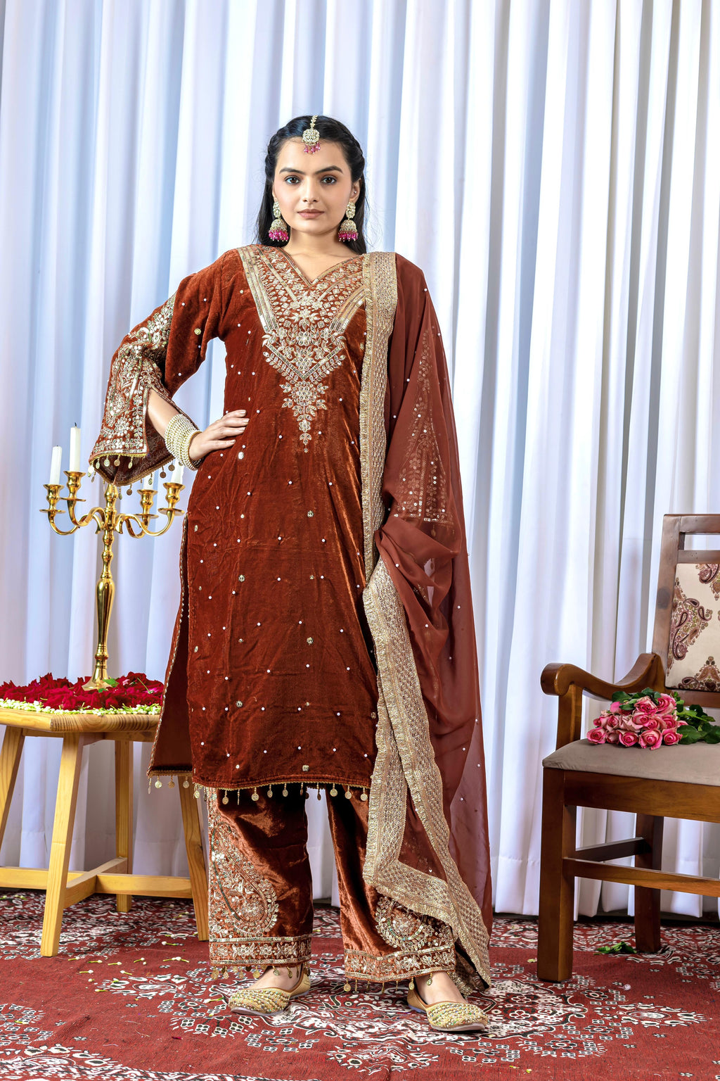 Women Brown Velvet Kurta Set