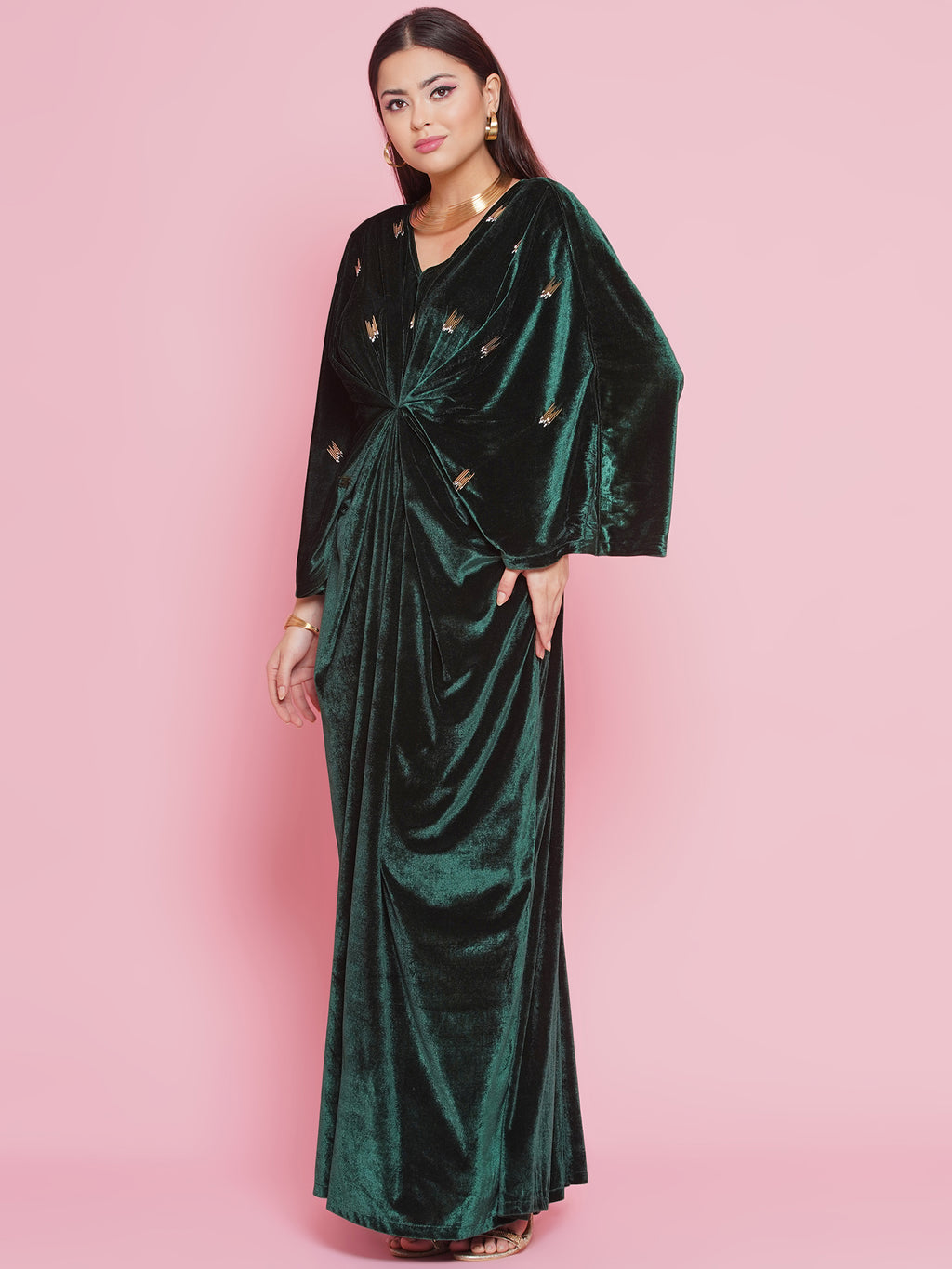 Women Green Velvet Hand Embellished Gown