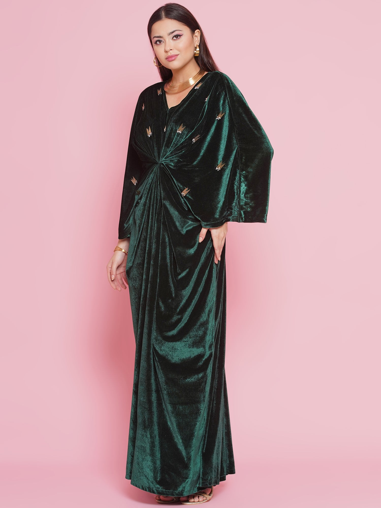 Women Green Velvet Hand Embellished Gown