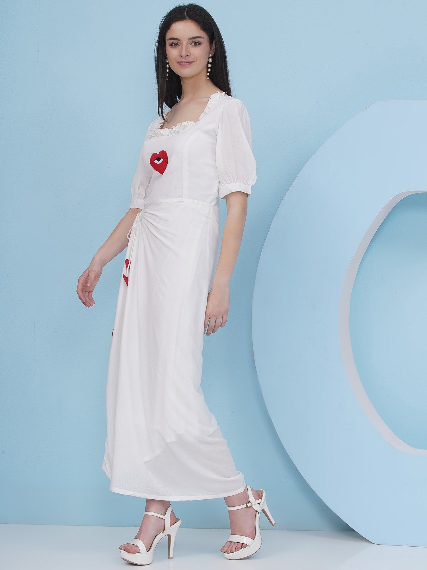 Embroidery White Drape Party Wear Dress