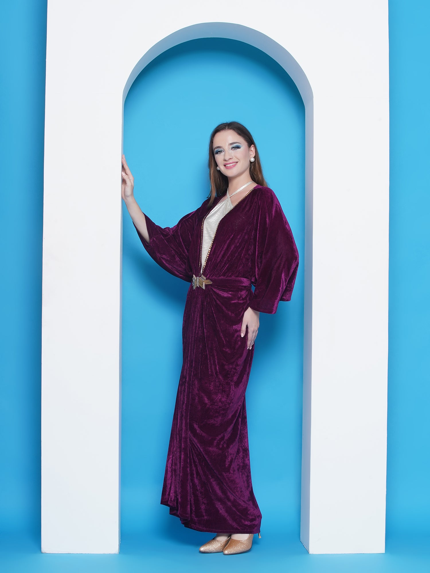 Women Wine Velvet Gown With Silver Halter Neck Ineer