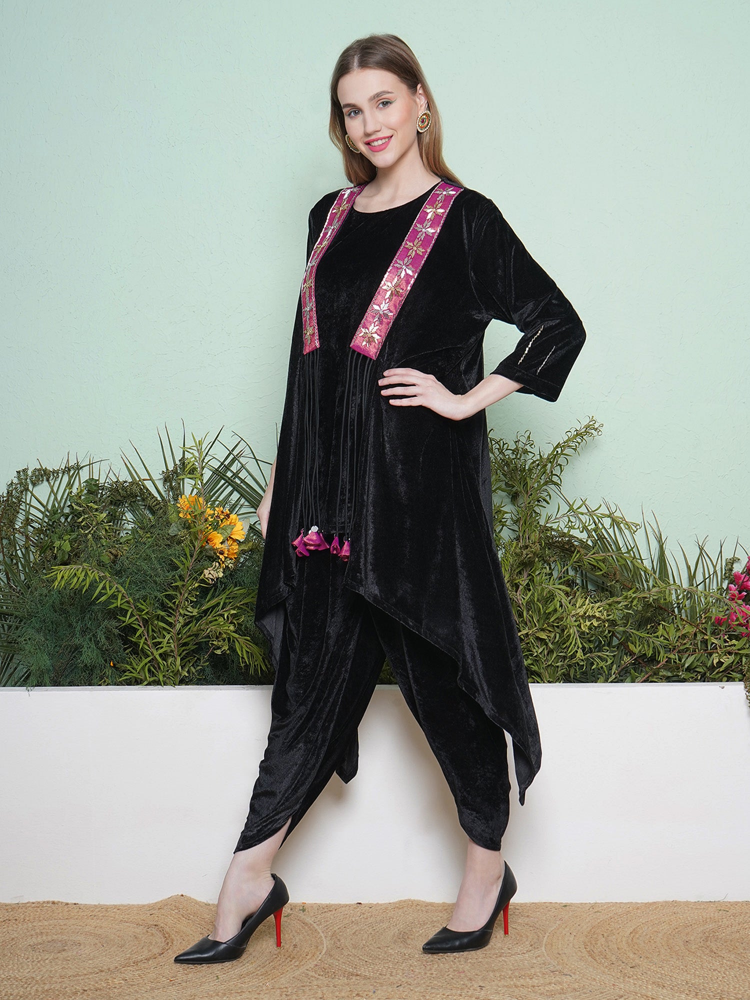 Women Black Dhoti Salwaar with Inner and  Hand Embellished Jacket