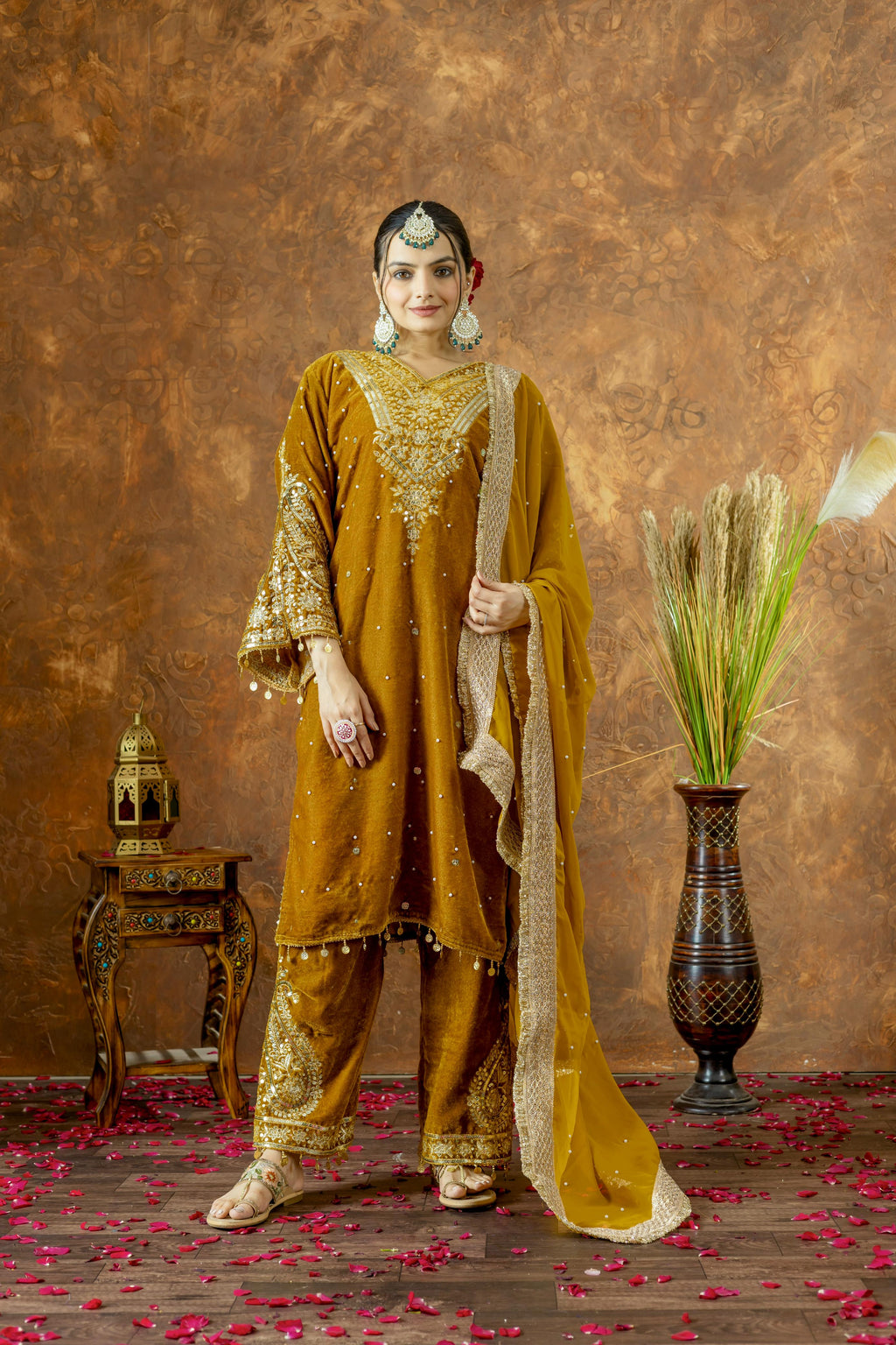 Mustard Velvet Kurta Set