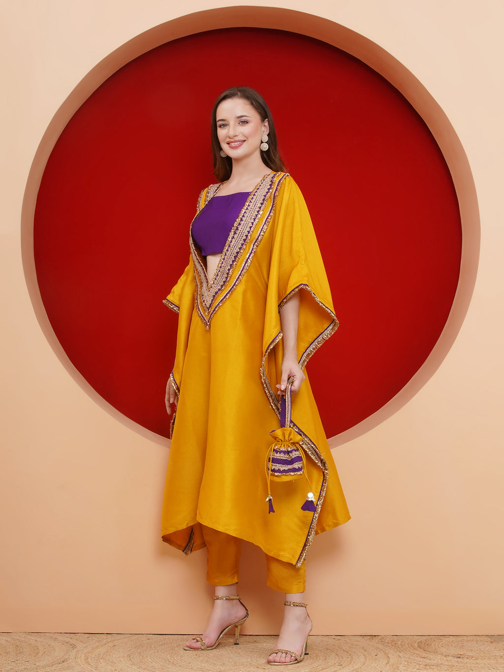 Women Yelow Kaftaan Set with ineer and Potli