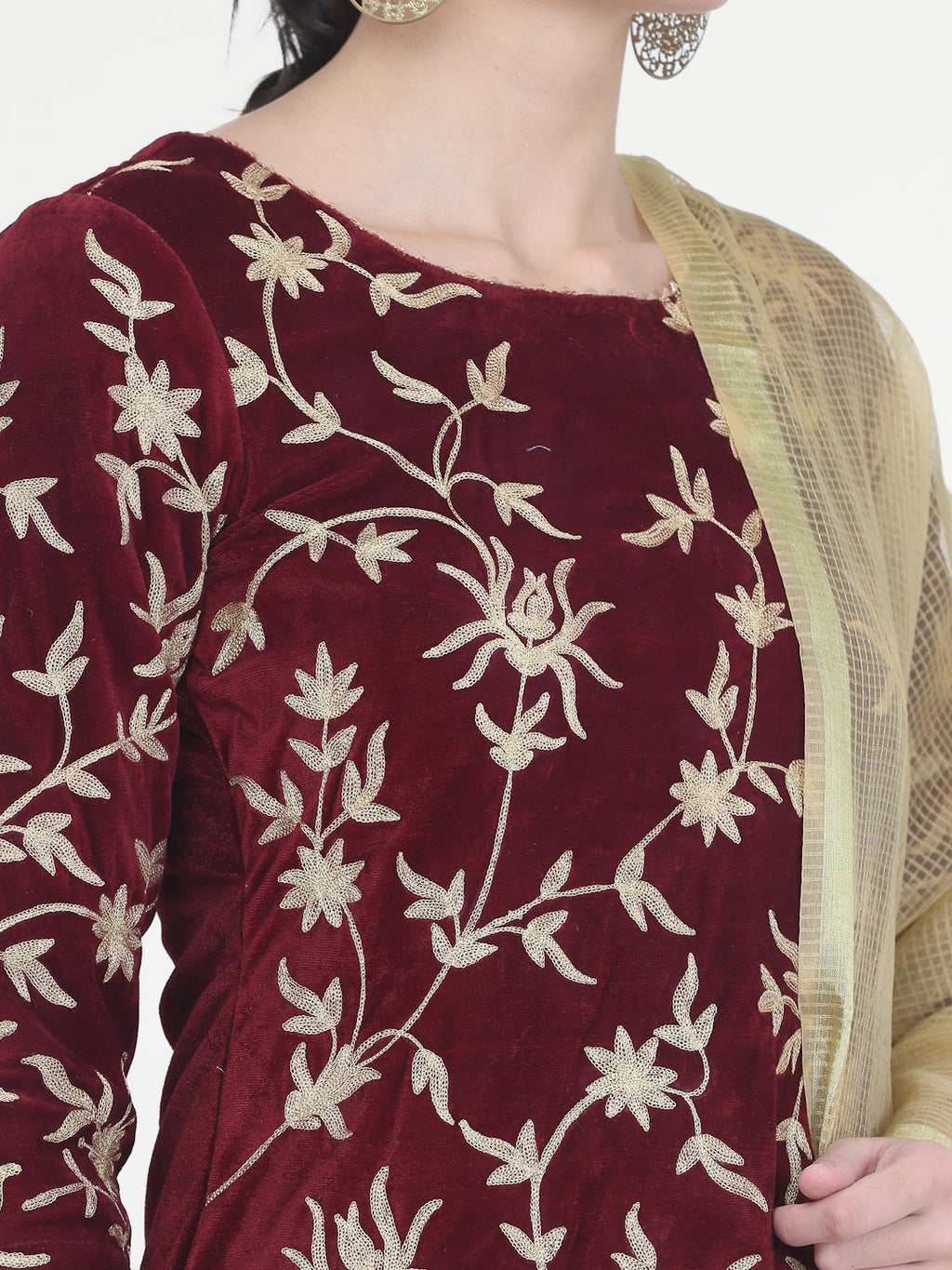 Women Maroon Velvet Lehenga Set