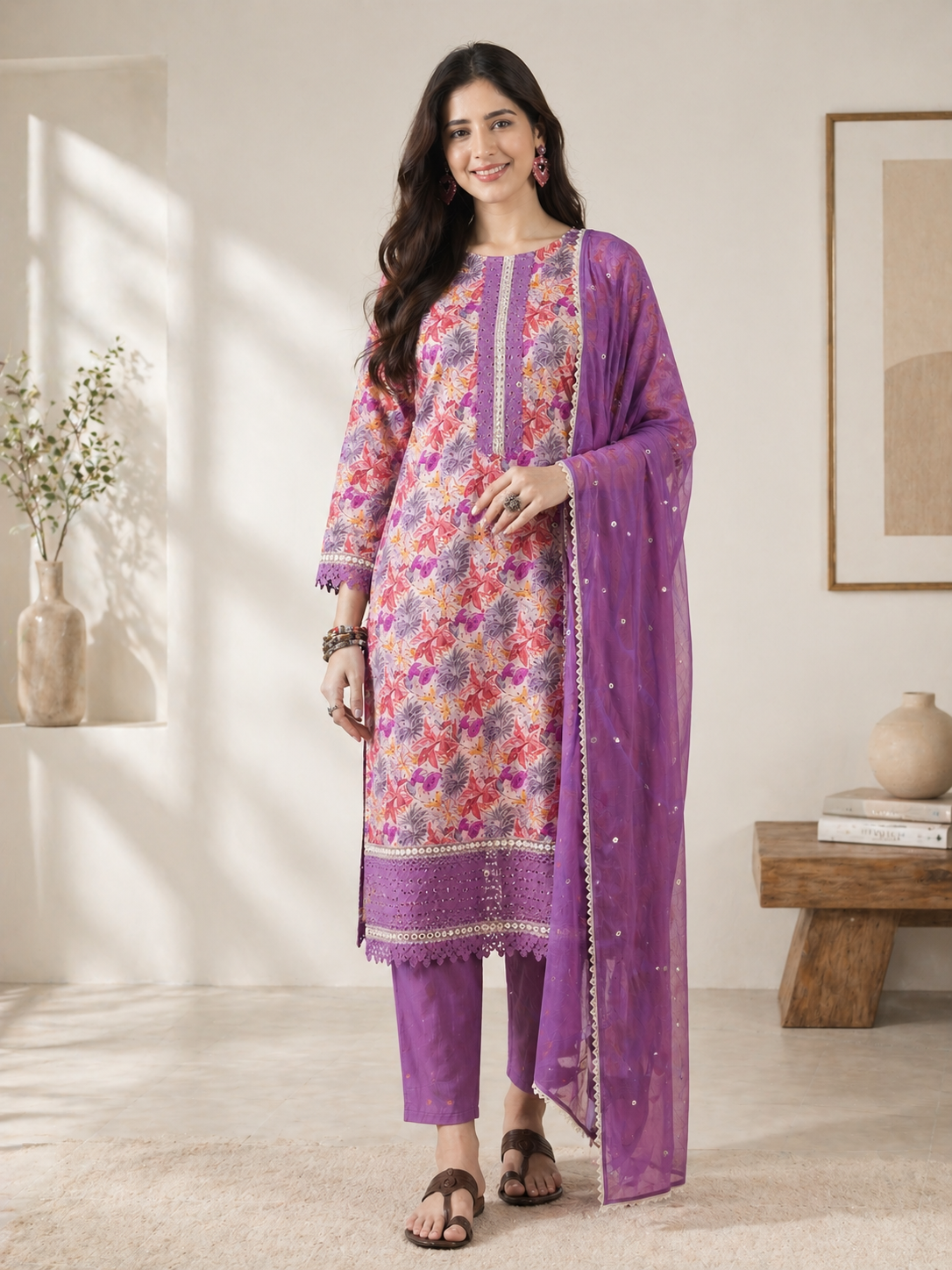 Women Purple Pure cotton Embroidered Kurta set