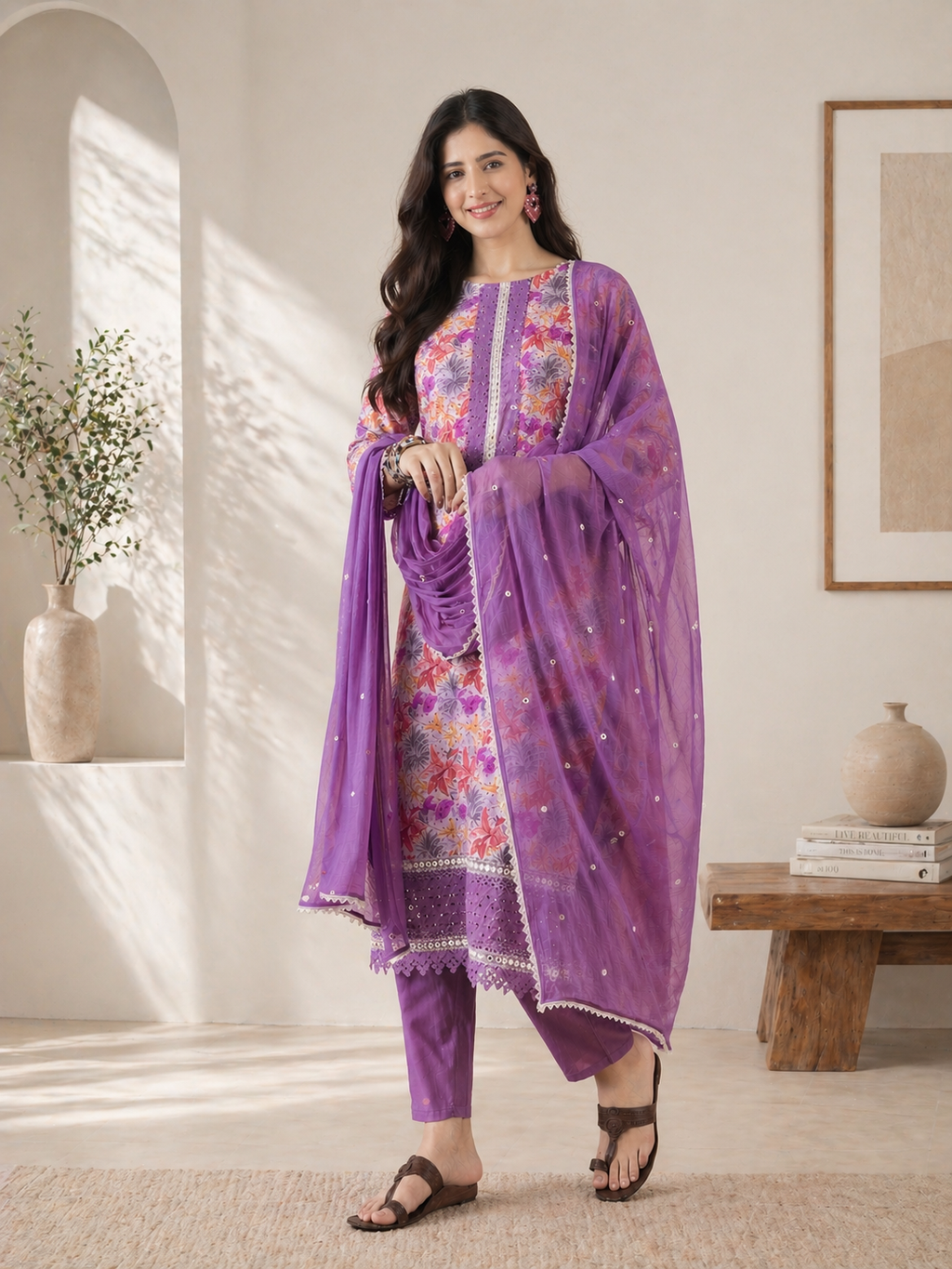 Women Purple Pure cotton Embroidered Kurta set