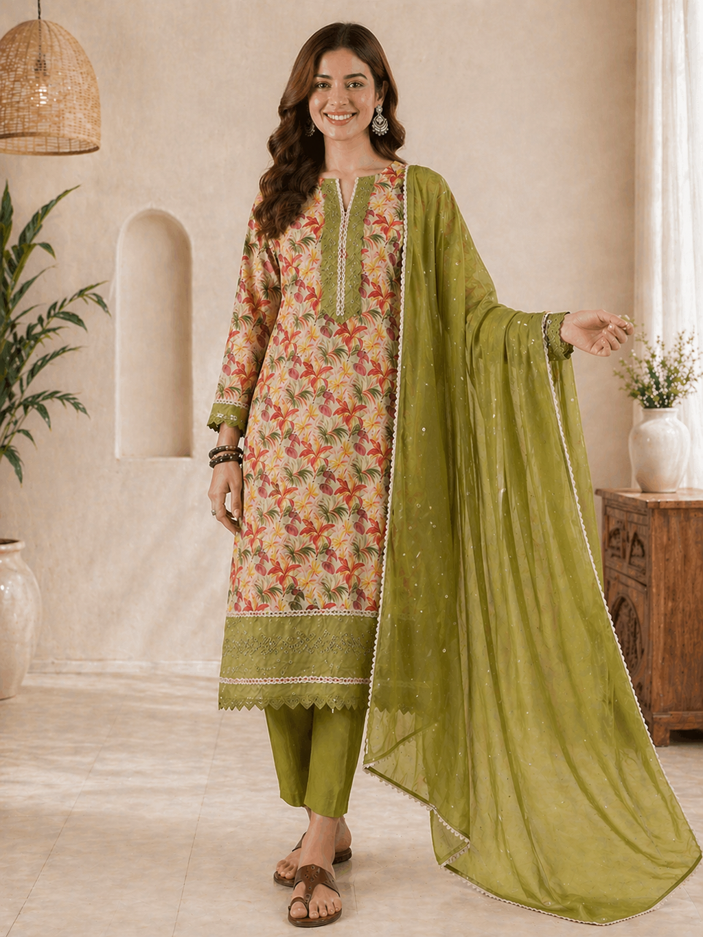 Women Green Pure cotton Embroidered Kurta set