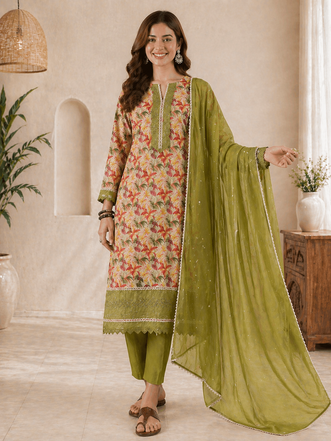 Women Green Pure cotton Embroidered Kurta set