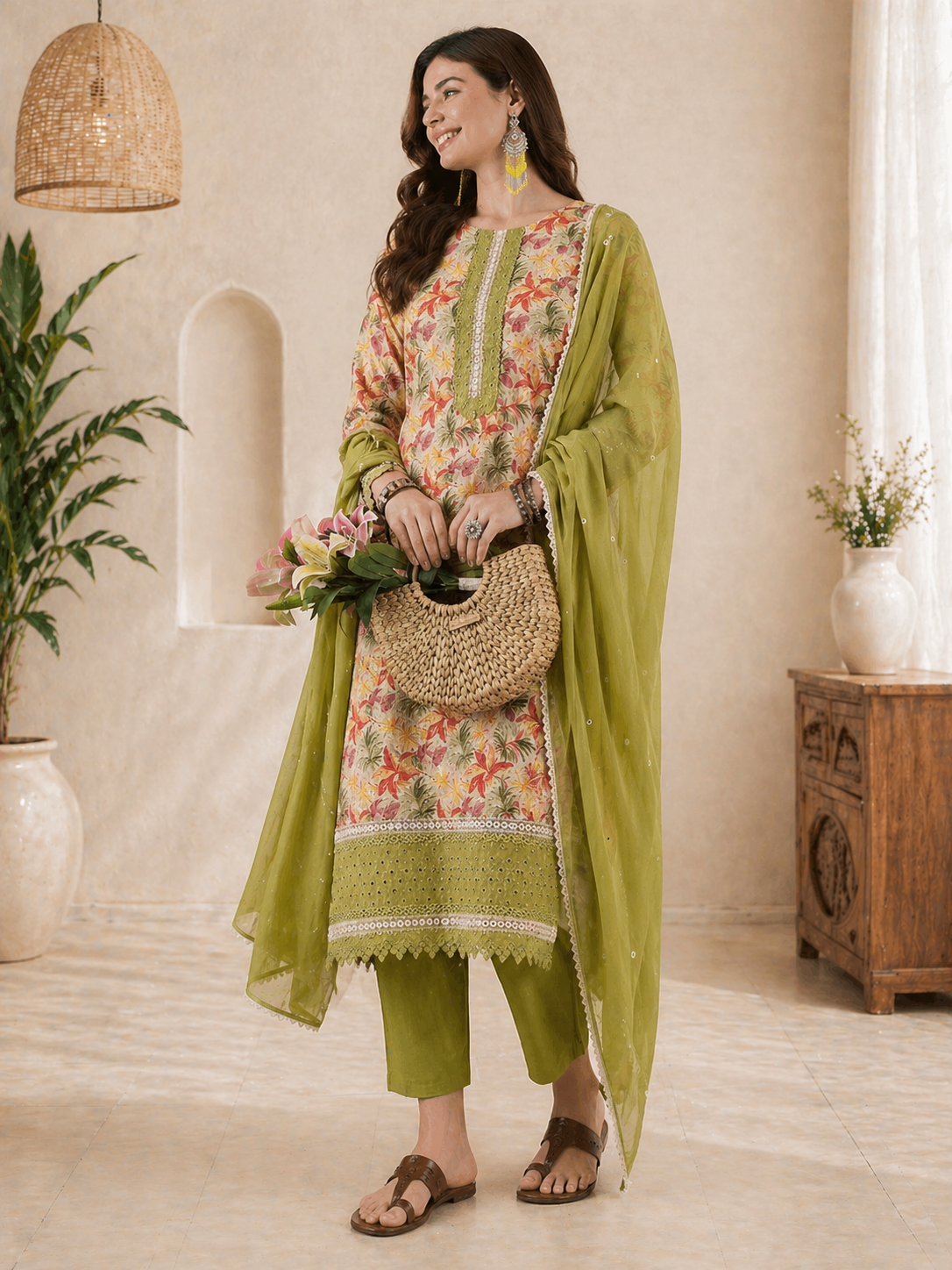 Women Green Pure cotton Embroidered Kurta set