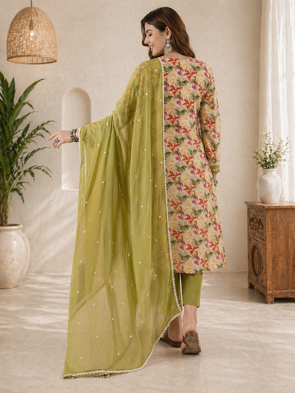 Women Green Pure cotton Embroidered Kurta set