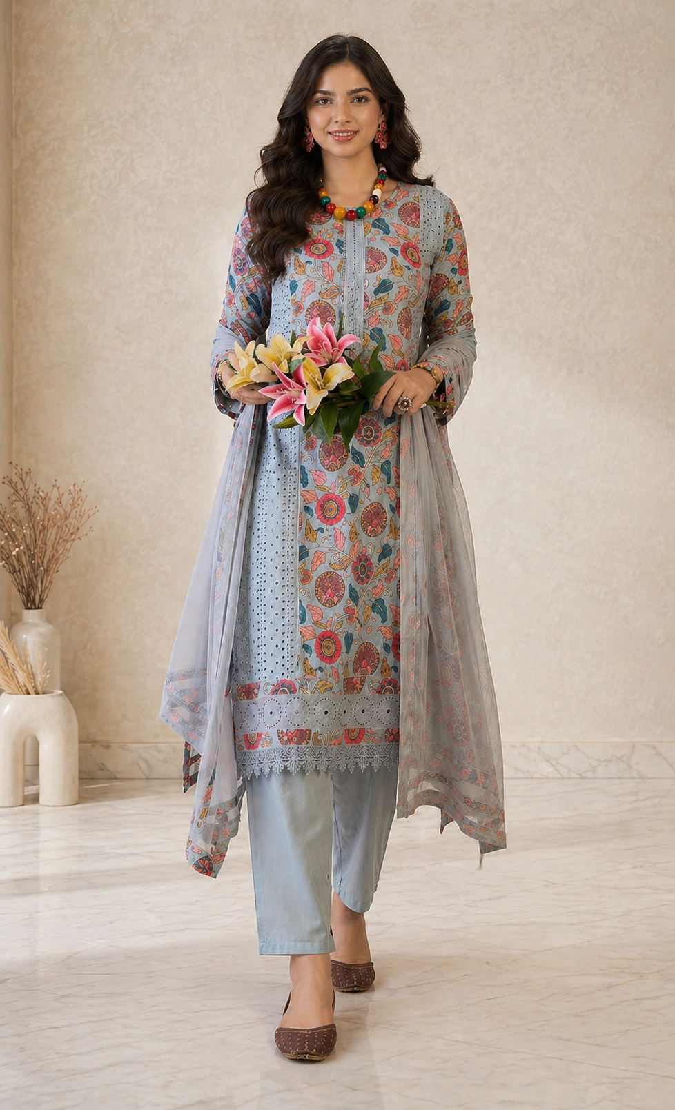 Women Sky Blue Poly silk Embroidered Kurta set