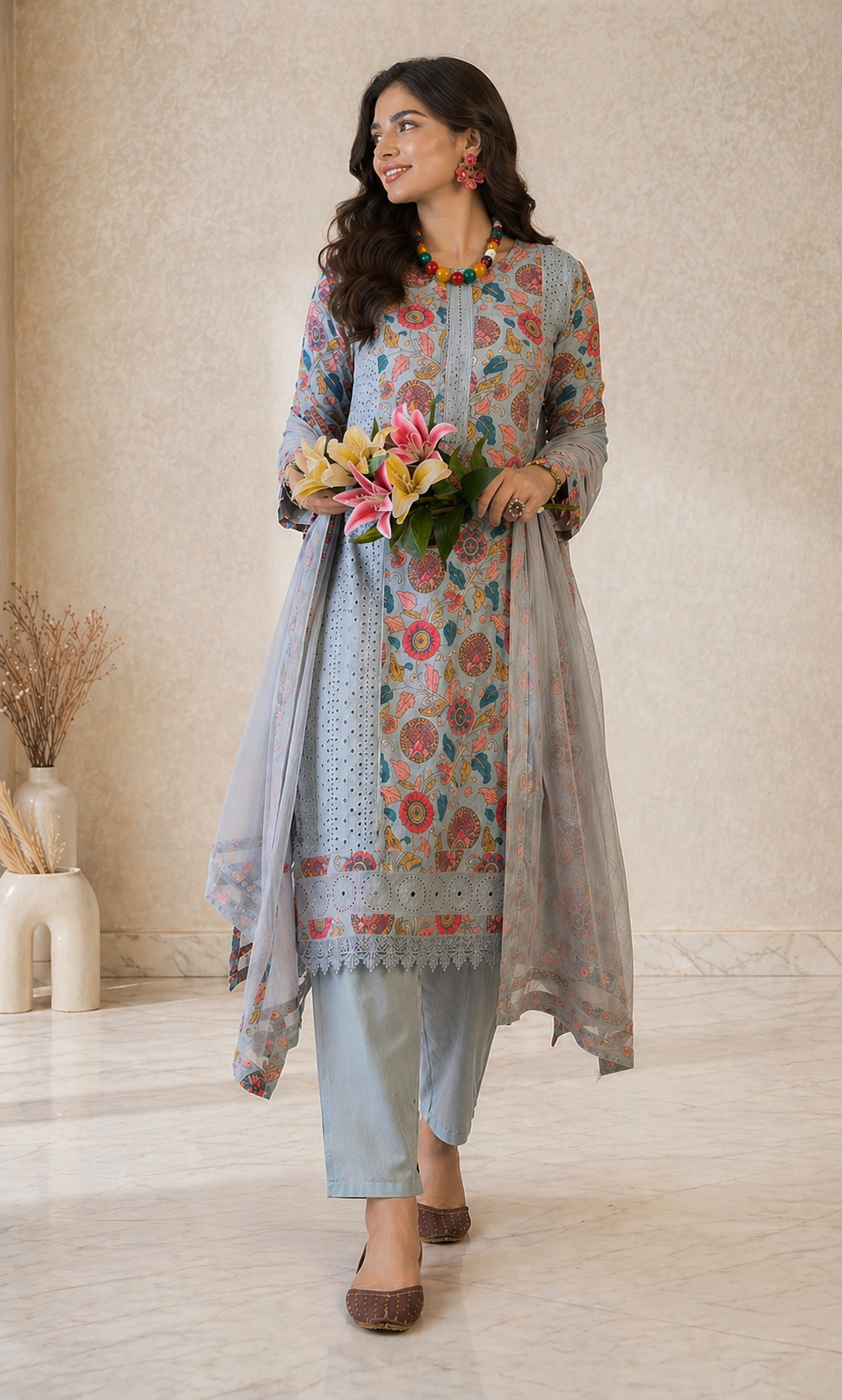 Women Sky Blue Poly silk Embroidered Kurta set