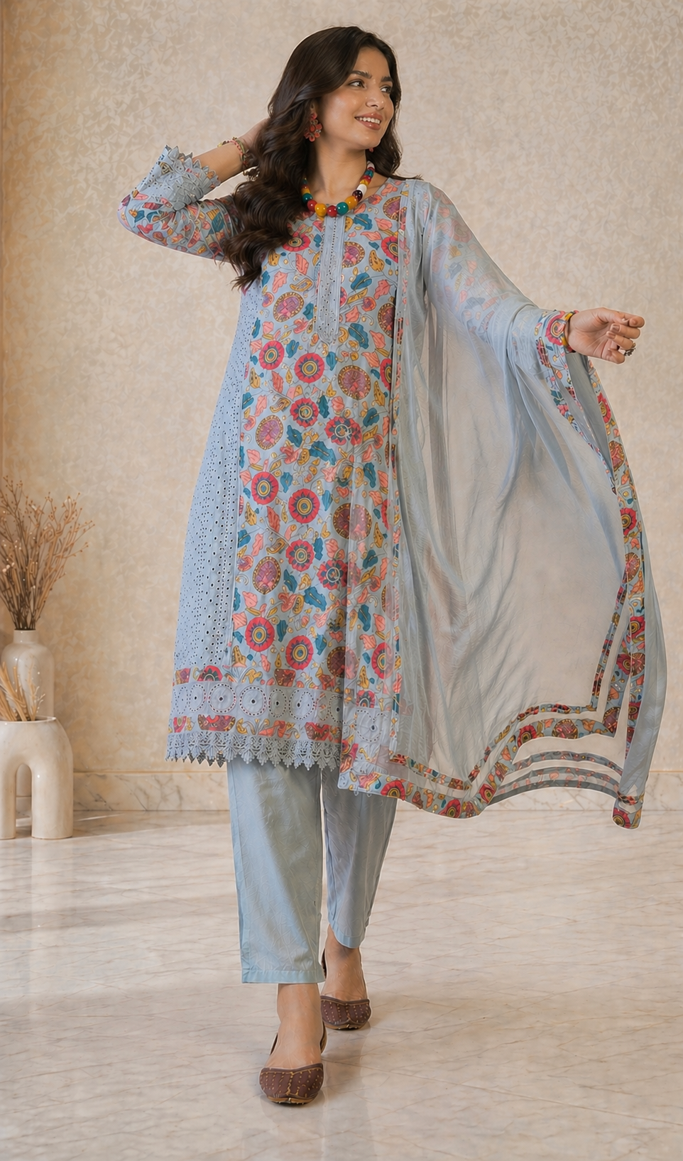 Women Sky Blue Poly silk Embroidered Kurta set