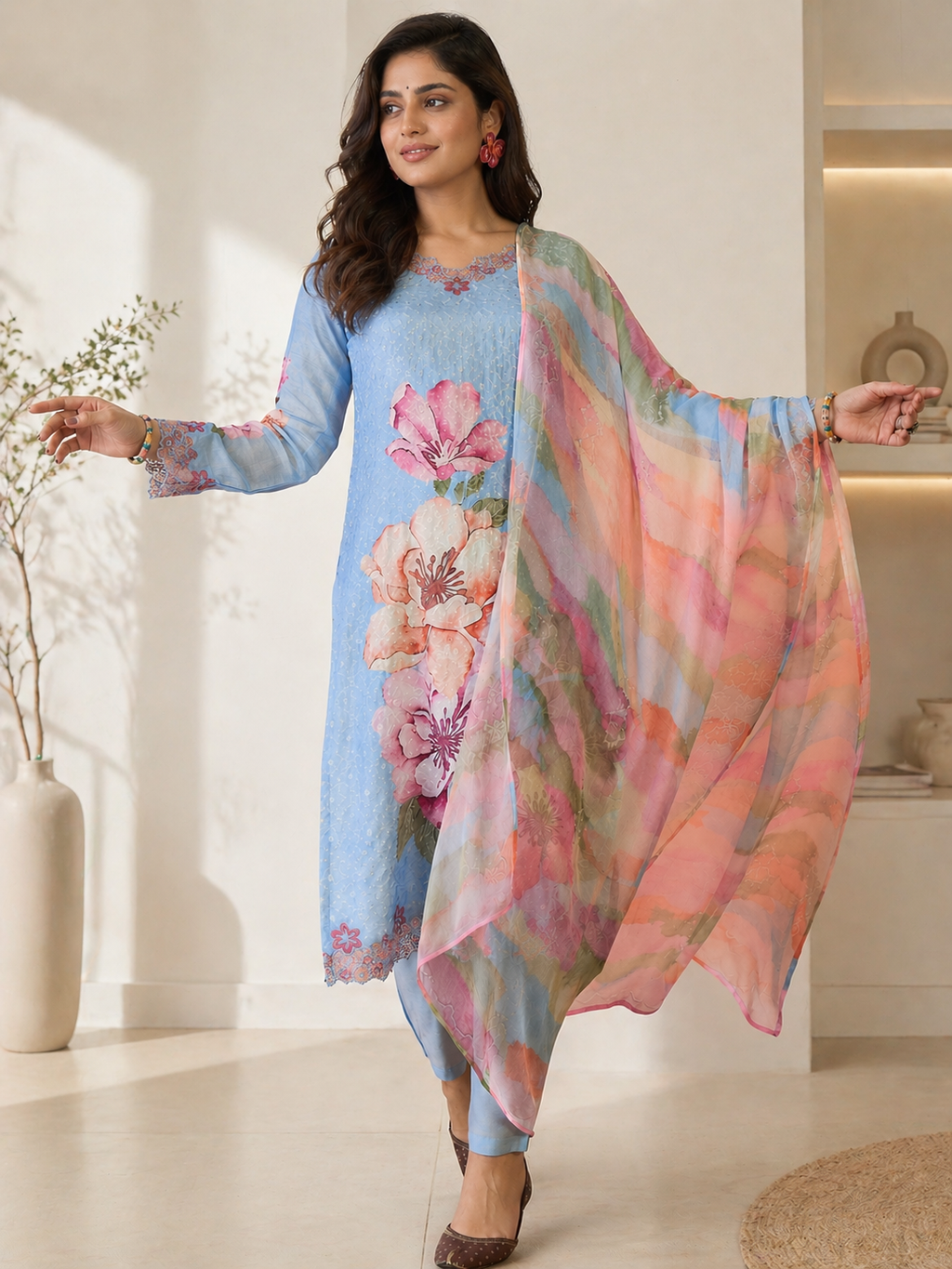 Women Sky Blue Pure cotton Embroidered Kurta set