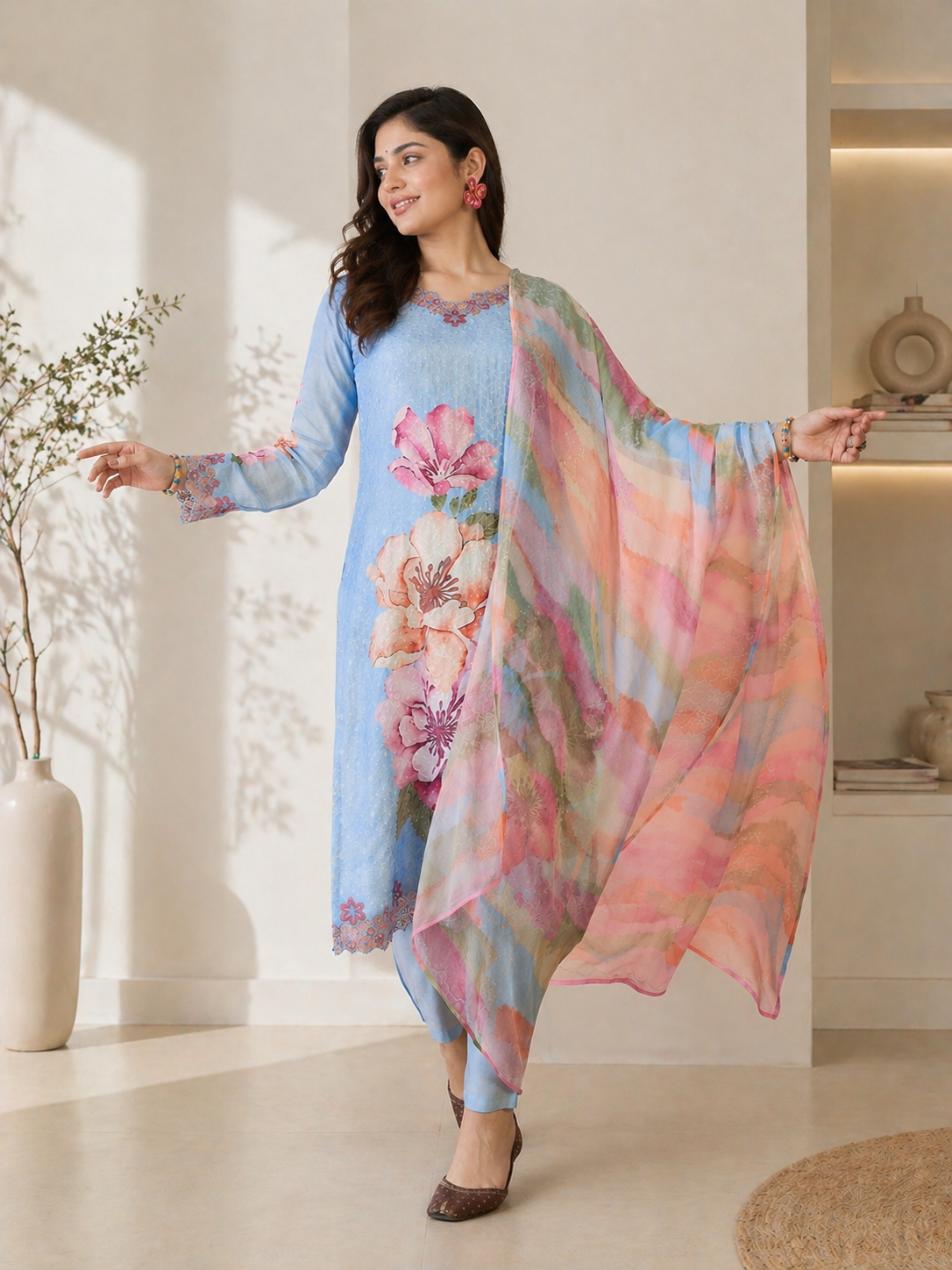 Women Sky Blue Pure cotton Embroidered Kurta set