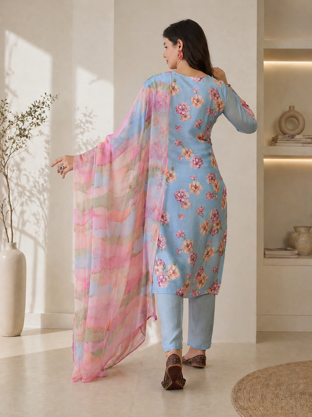 Women Sky Blue Pure cotton Embroidered Kurta set