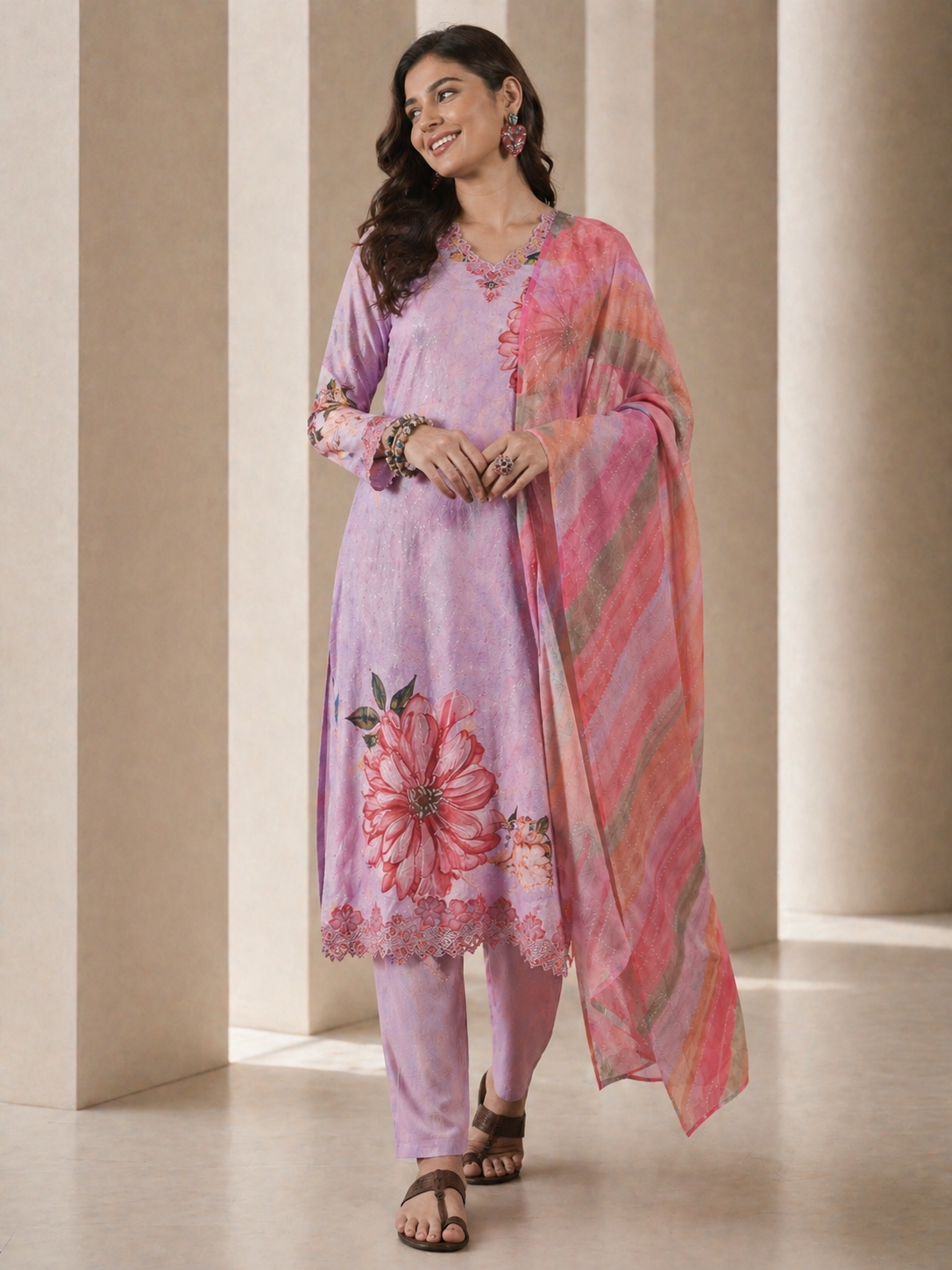 Women Pink Poly silk Embroidered Kurta set