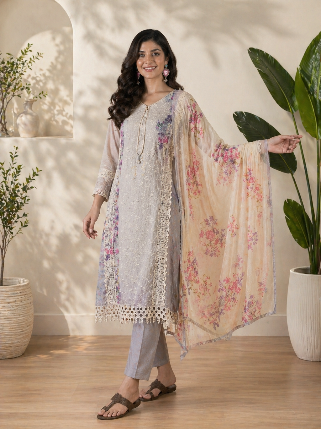 Women Grey Poly silk Embroidered Kurta set