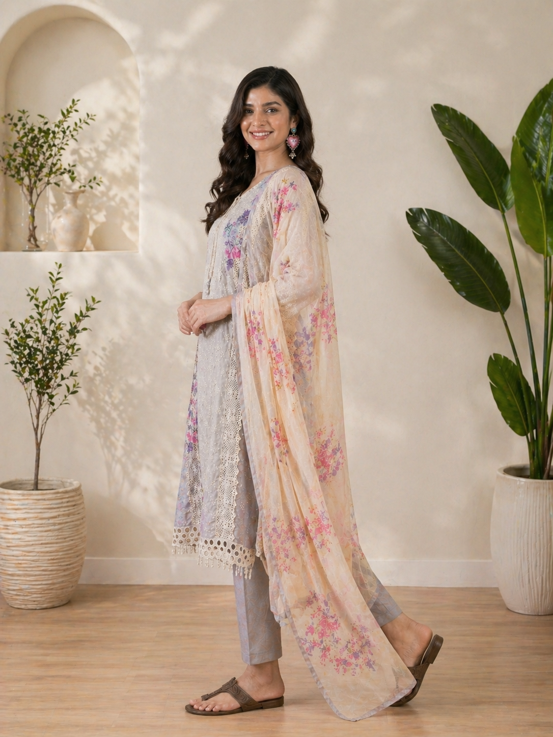 Women Grey Poly silk Embroidered Kurta set