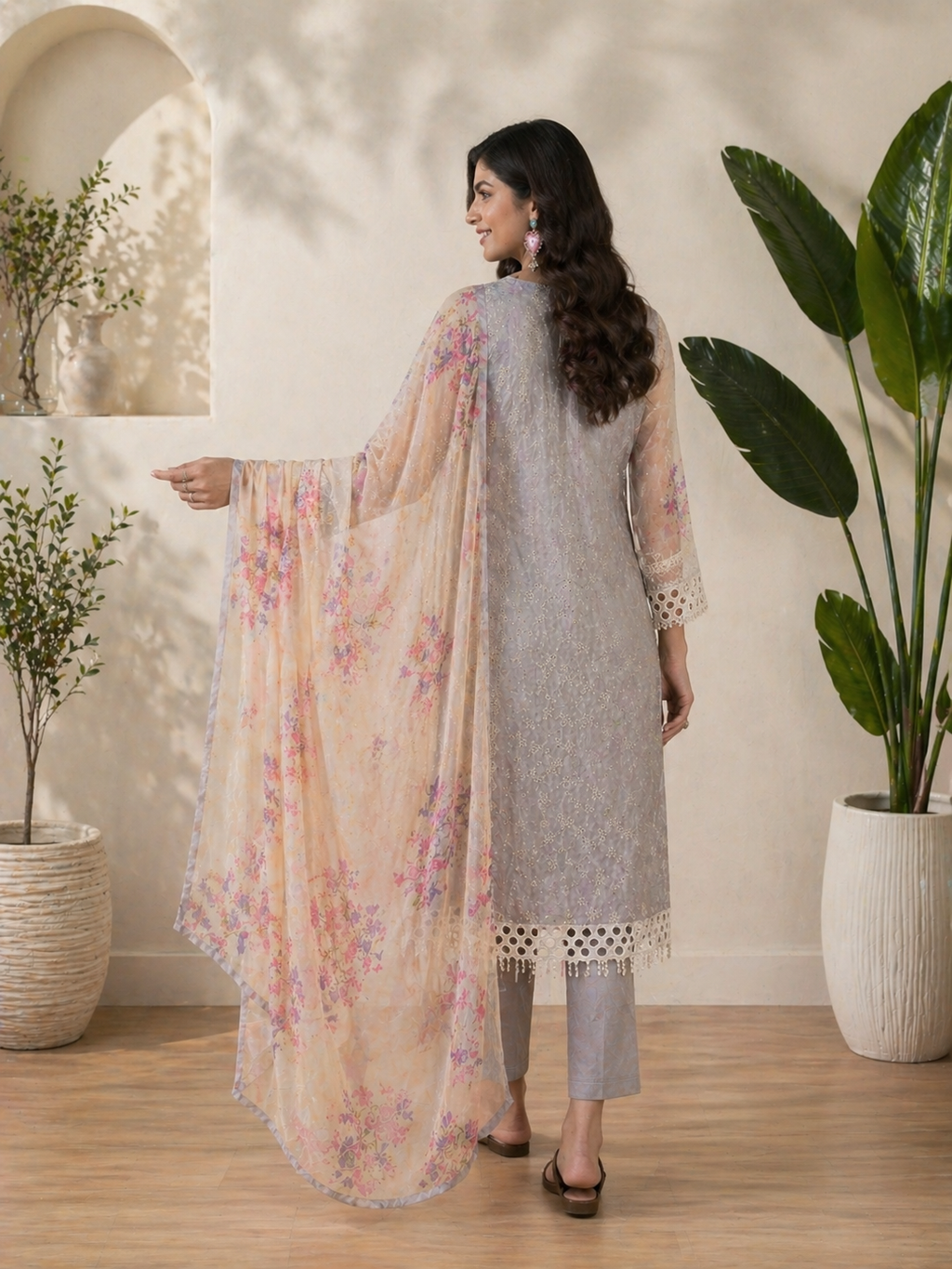 Women Grey Poly silk Embroidered Kurta set