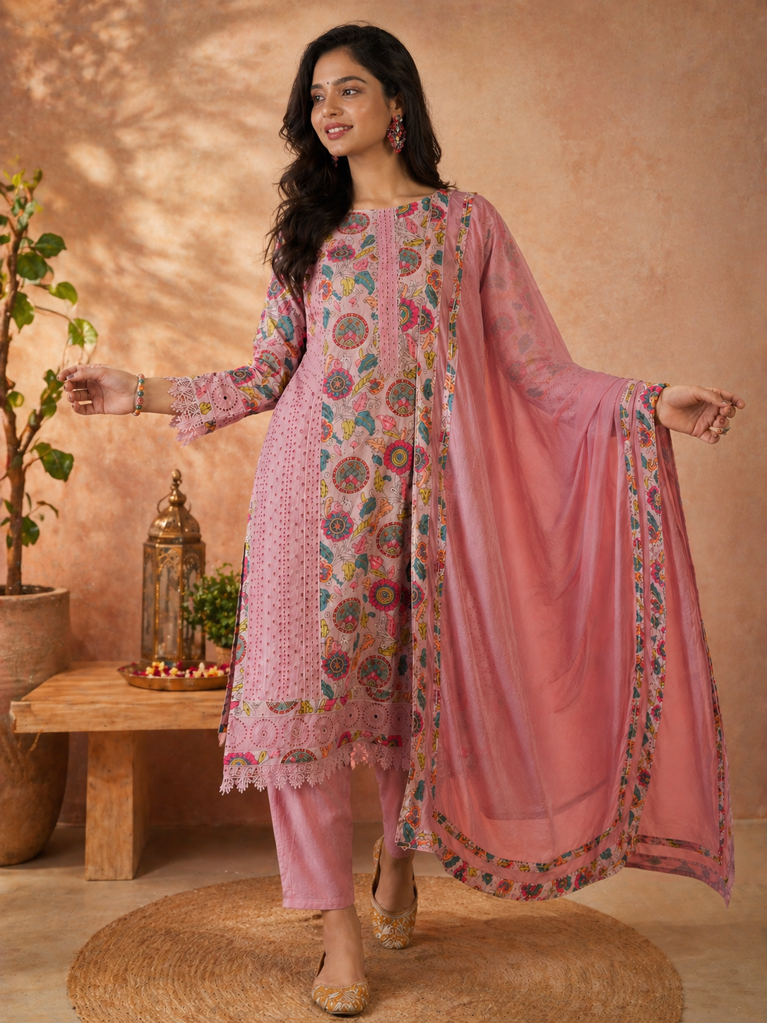 Women Pink Pure cotton Embroidered Kurta set