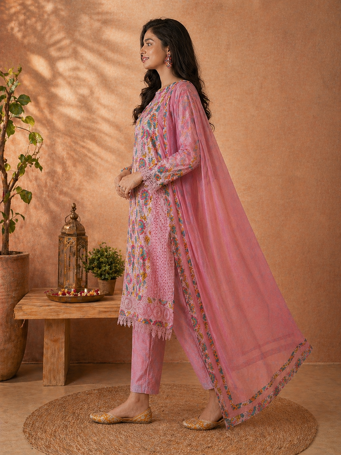 Women Pink Pure cotton Embroidered Kurta set