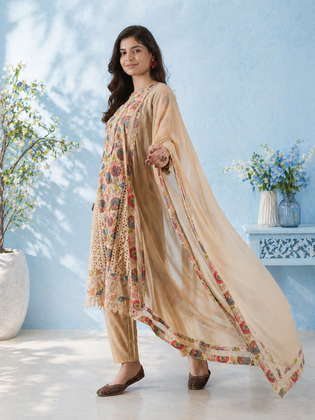 Women Beige Pure cotton Embroidered Kurta set