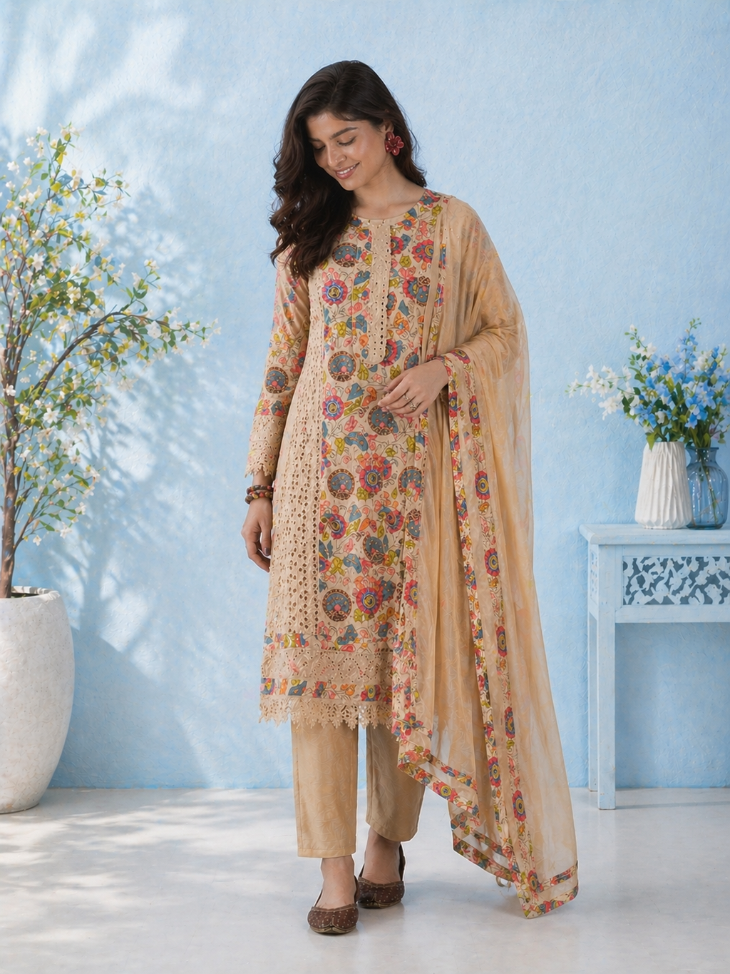 Women Beige Pure cotton Embroidered Kurta set