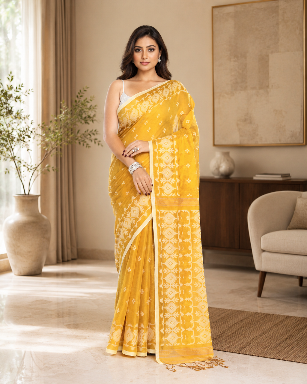 Women Tissue Yellow Woven  Saree