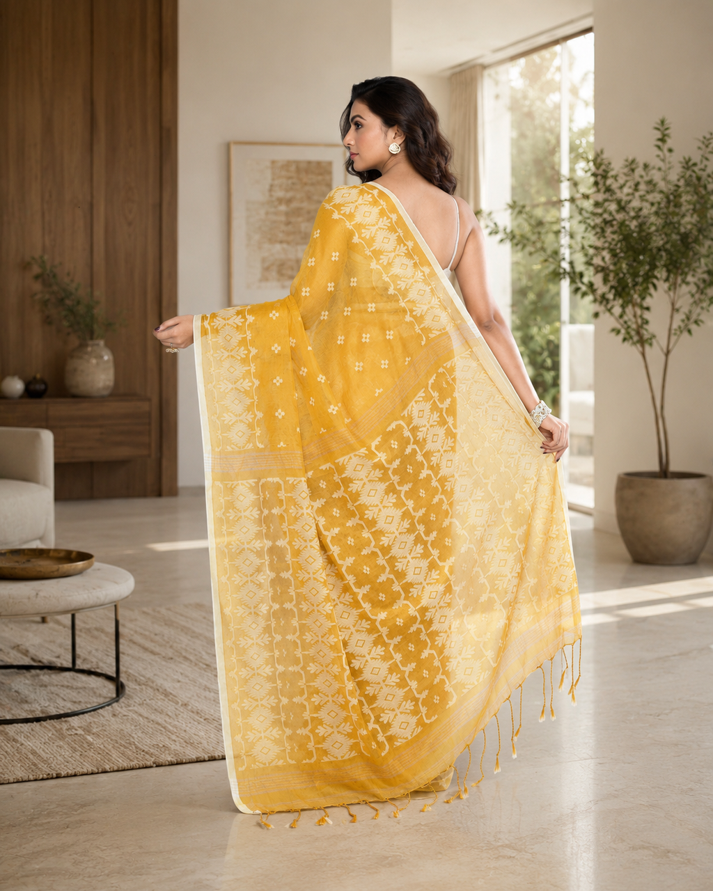 Women Tissue Yellow Woven  Saree