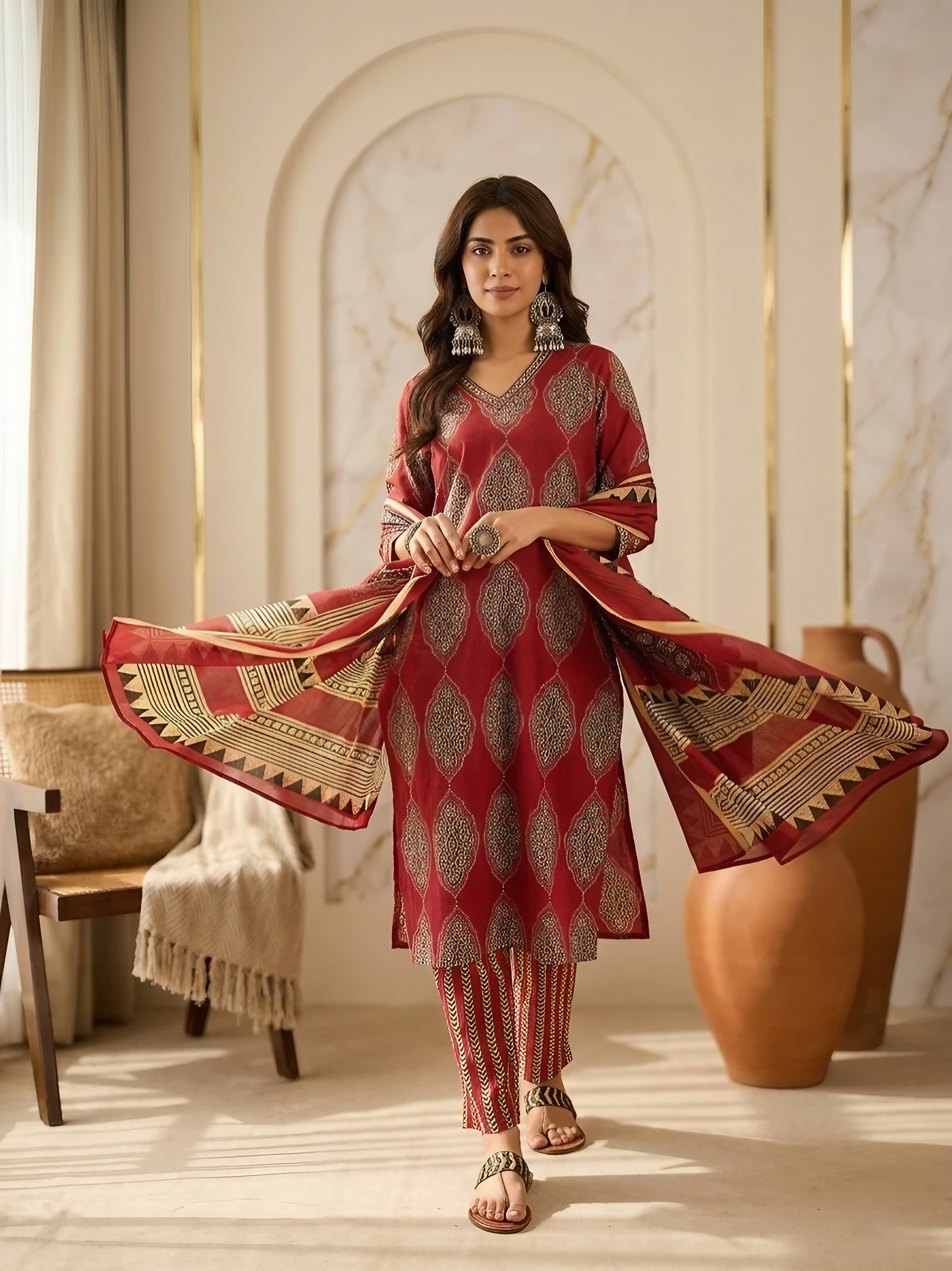 Women Pure Cotton Maroon Stitched Printed Kurta set with dupatta