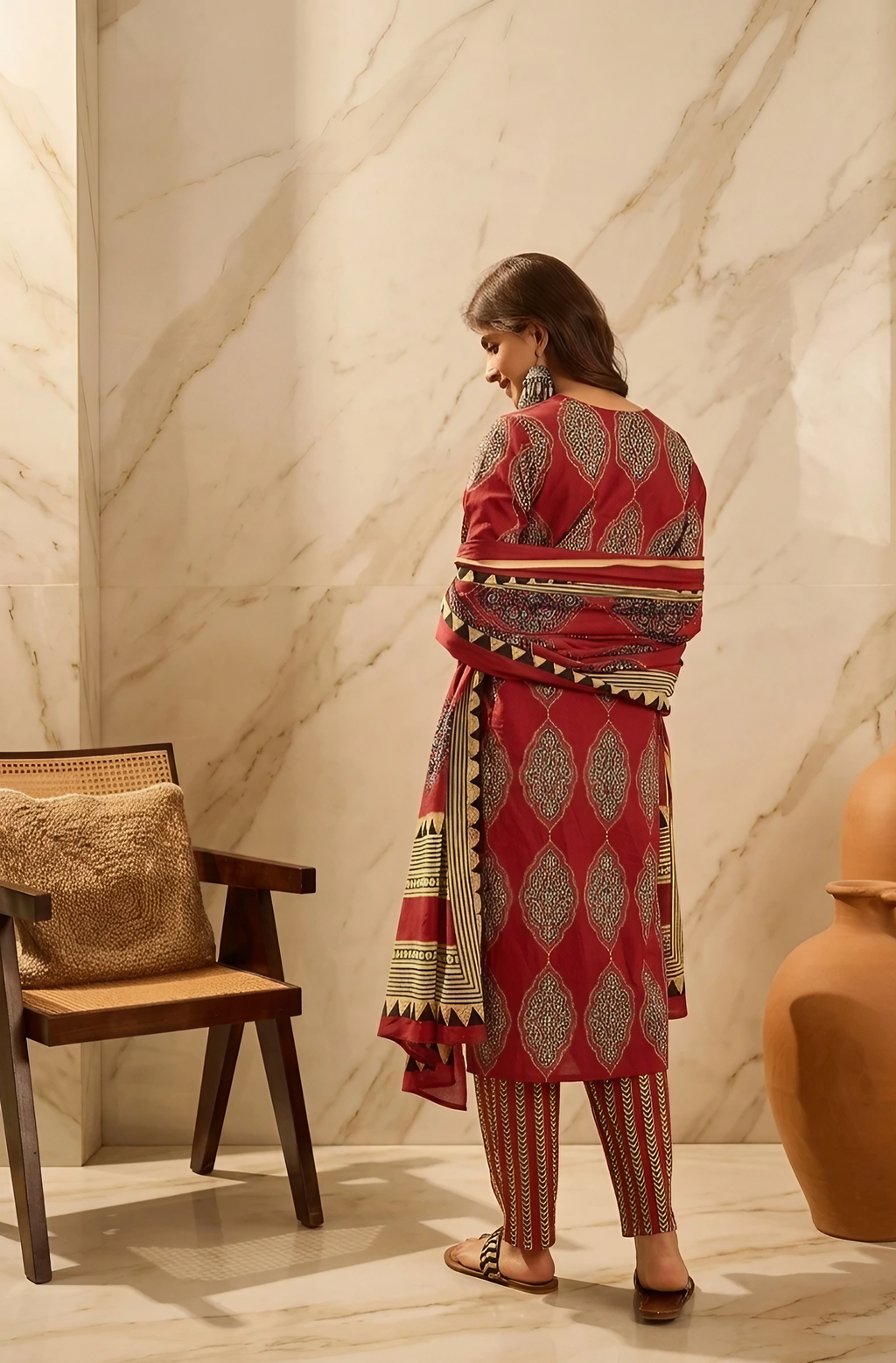 Women Pure Cotton Maroon Stitched Printed Kurta set with dupatta
