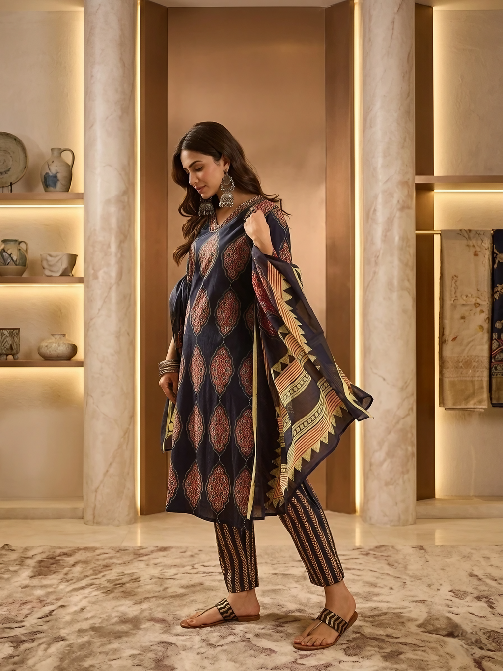 Women Pure Cotton Navy Blue Stitched Printed Kurta set with dupatta