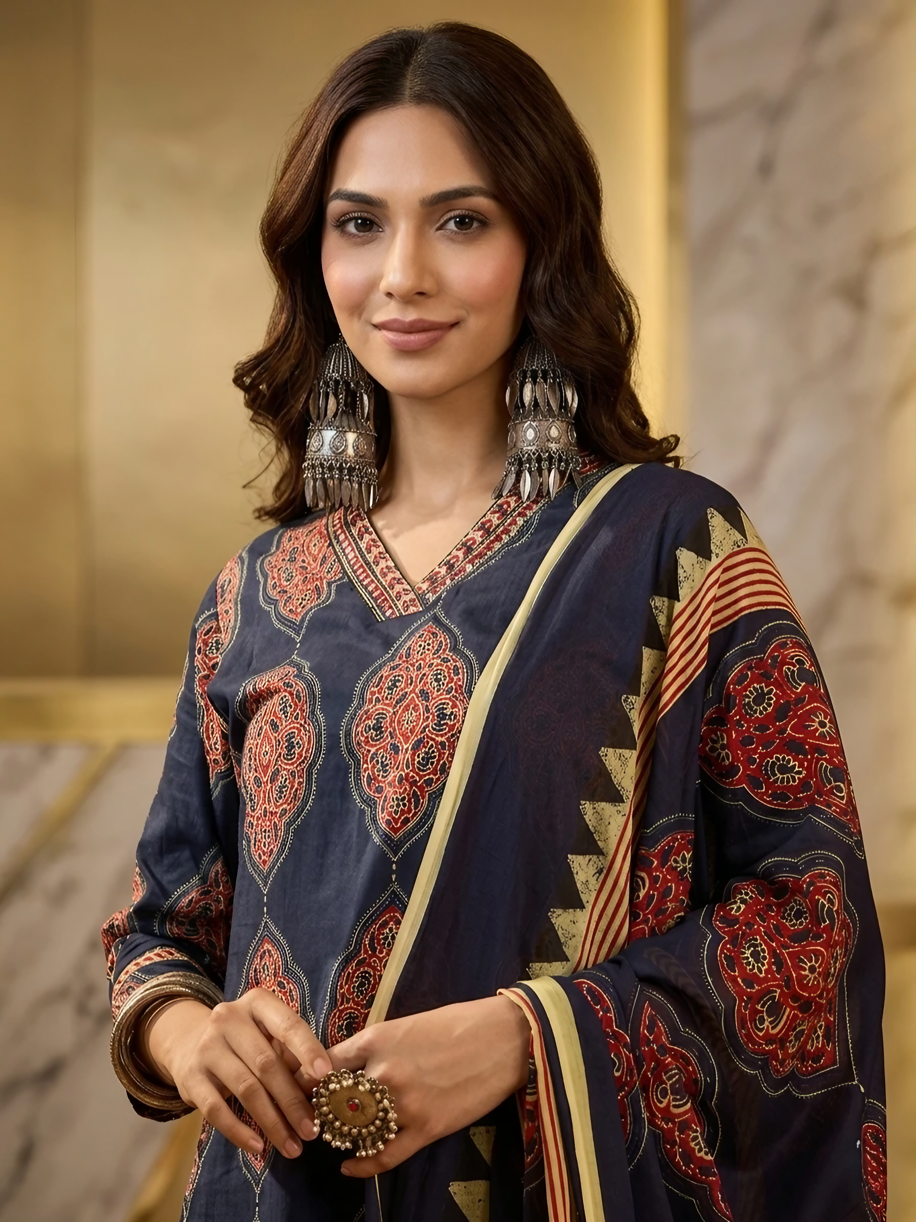 Women Pure Cotton Navy Blue Stitched Printed Kurta set with dupatta