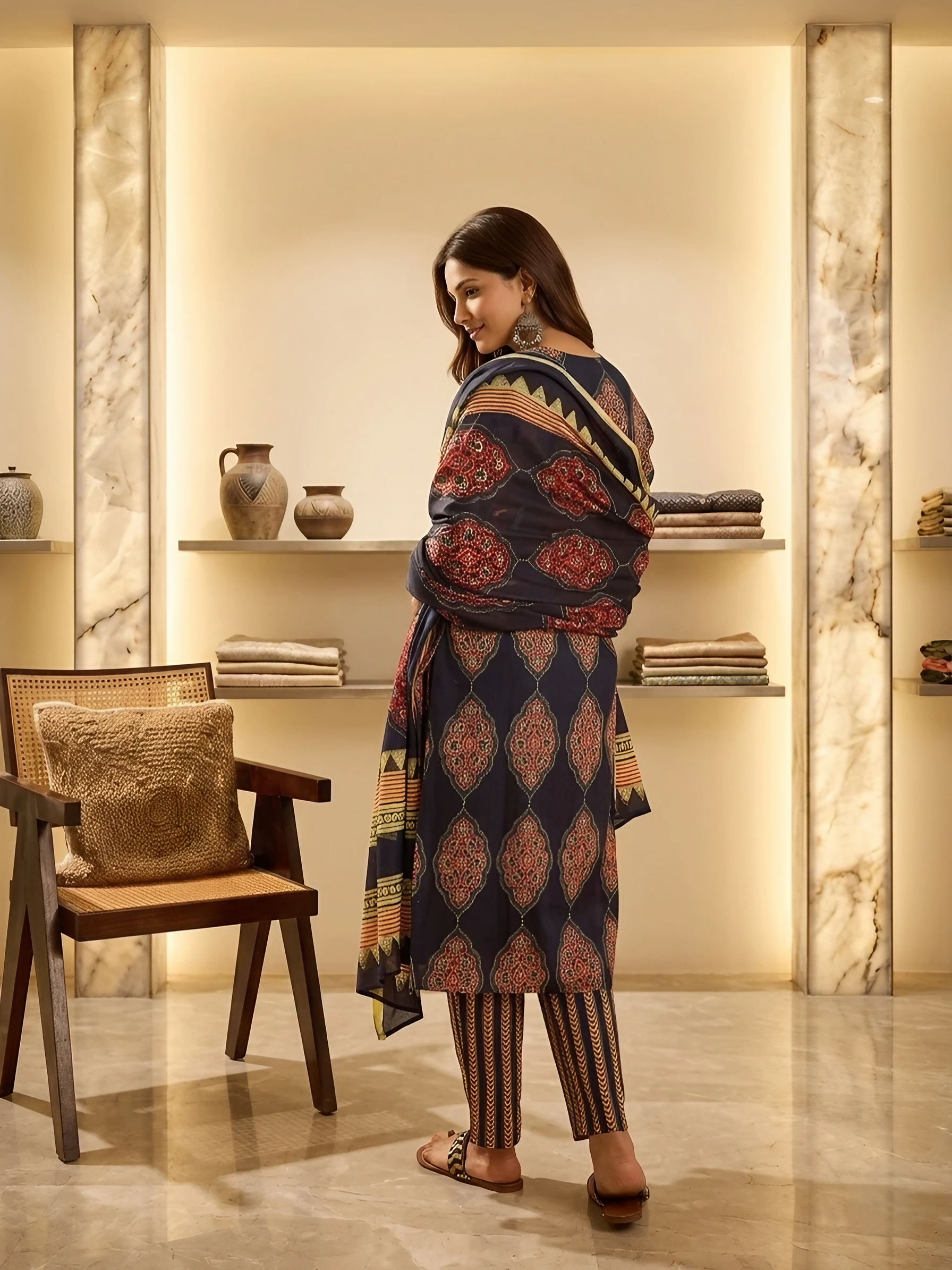 Women Pure Cotton Navy Blue Stitched Printed Kurta set with dupatta