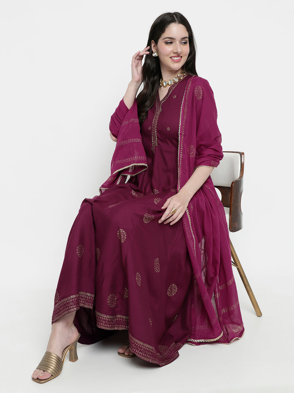 Women Wine Rayon Rogan Printed & Trim Work Anarkali Kurta Bottom Dupatta Set