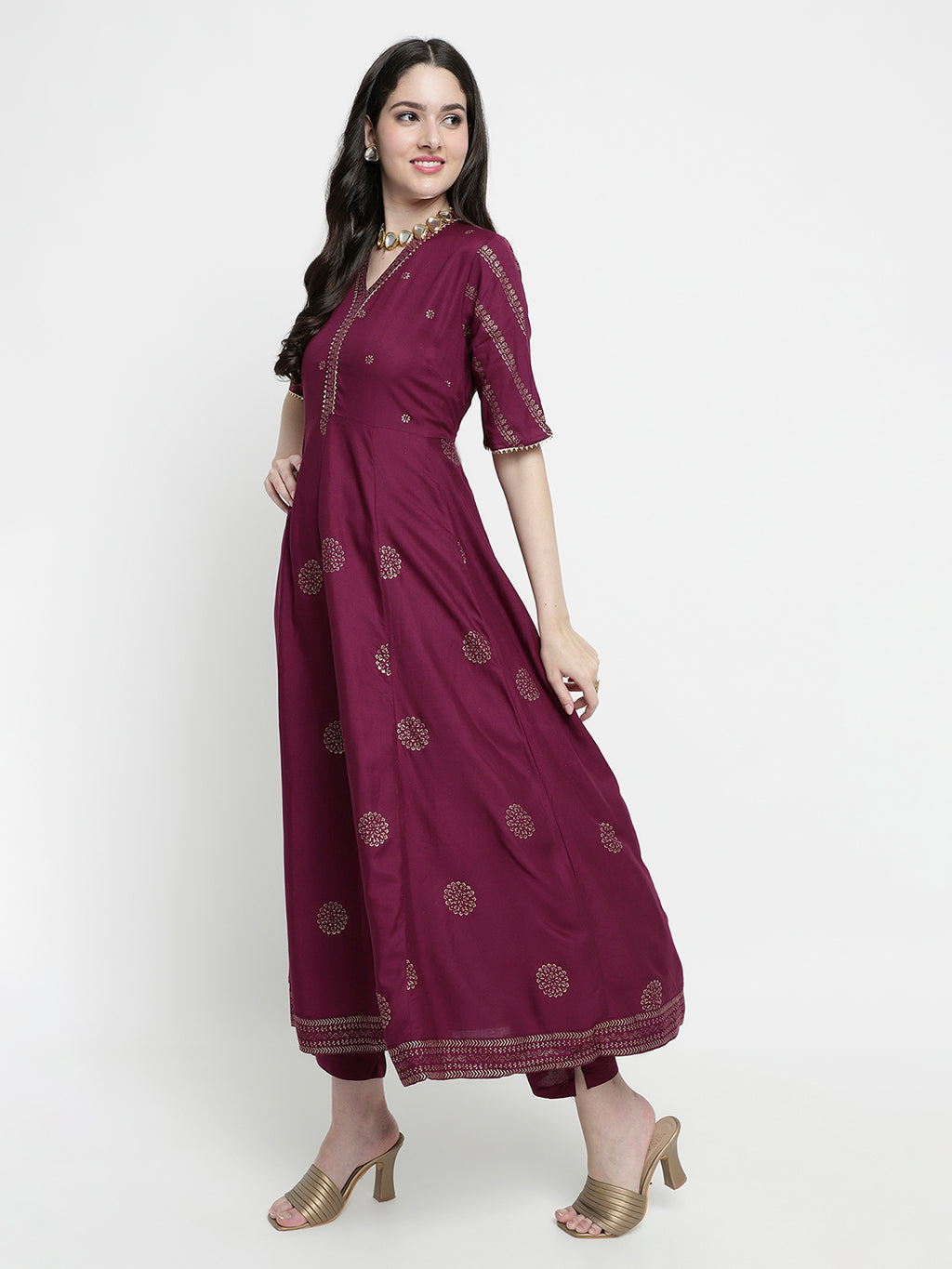 Women Wine Rayon Rogan Printed & Trim Work Anarkali Kurta Bottom Dupatta Set