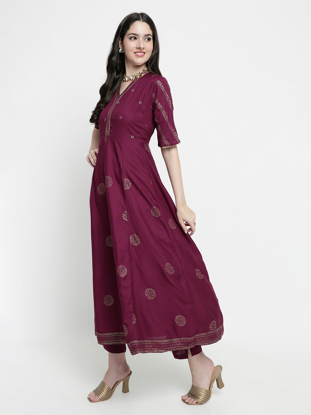 Women Wine Rayon Rogan Printed & Trim Work Anarkali Kurta Bottom Dupatta Set