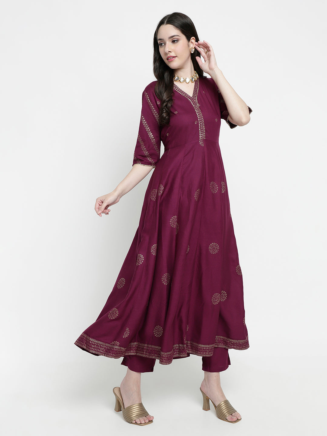 Women Wine Rayon Rogan Printed & Trim Work Anarkali Kurta Bottom Dupatta Set