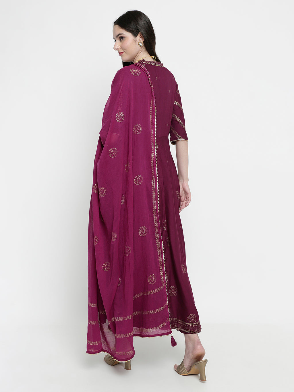 Women Wine Rayon Rogan Printed & Trim Work Anarkali Kurta Bottom Dupatta Set