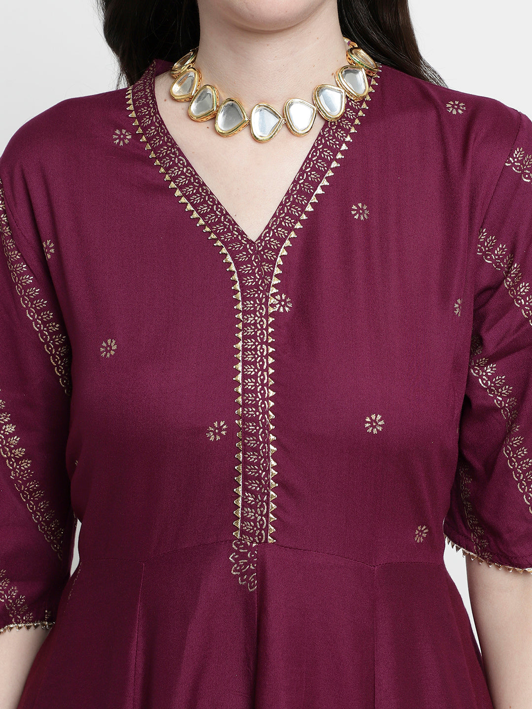 Women Wine Rayon Rogan Printed & Trim Work Anarkali Kurta Bottom Dupatta Set