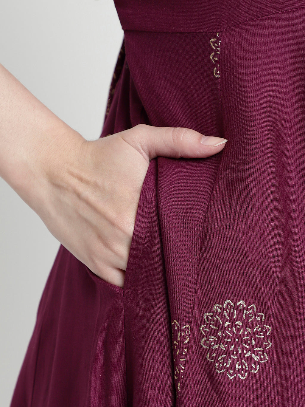 Women Wine Rayon Rogan Printed & Trim Work Anarkali Kurta Bottom Dupatta Set