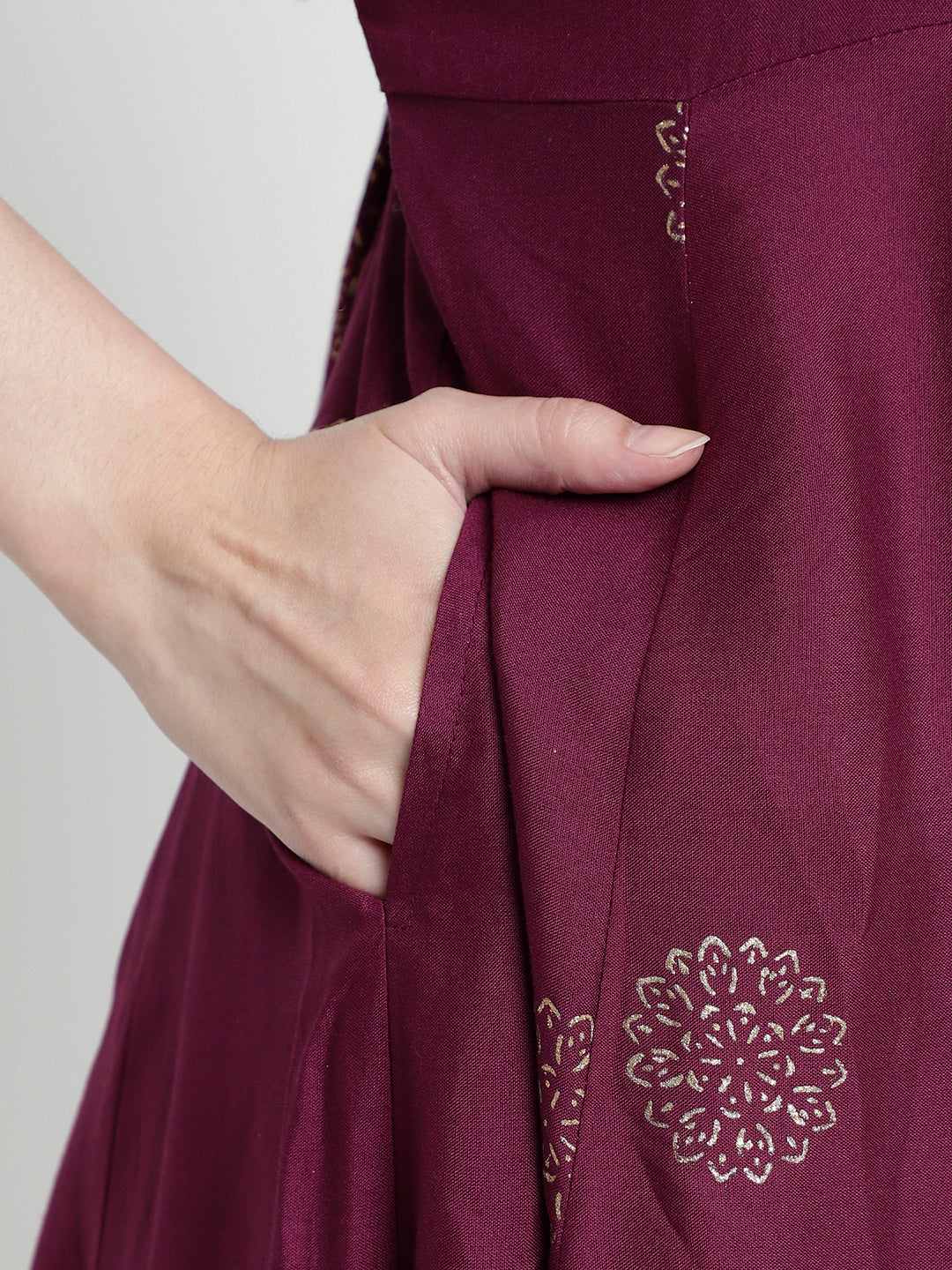 Women Wine Rayon Rogan Printed & Trim Work Anarkali Kurta Bottom Dupatta Set