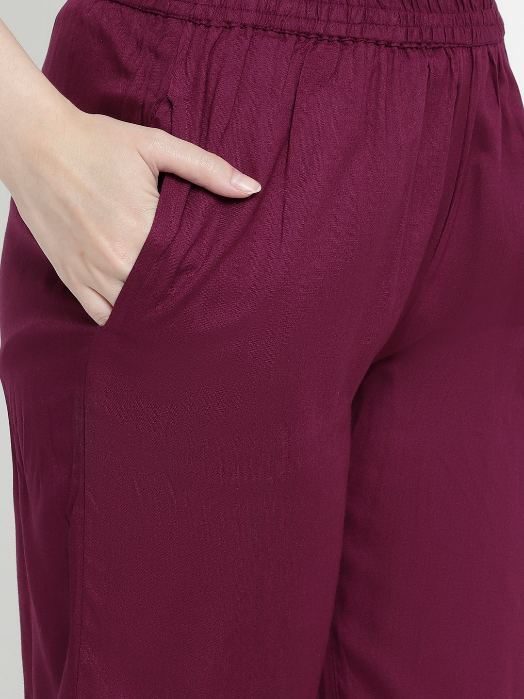 Women Wine Rayon Rogan Printed & Trim Work Anarkali Kurta Bottom Dupatta Set