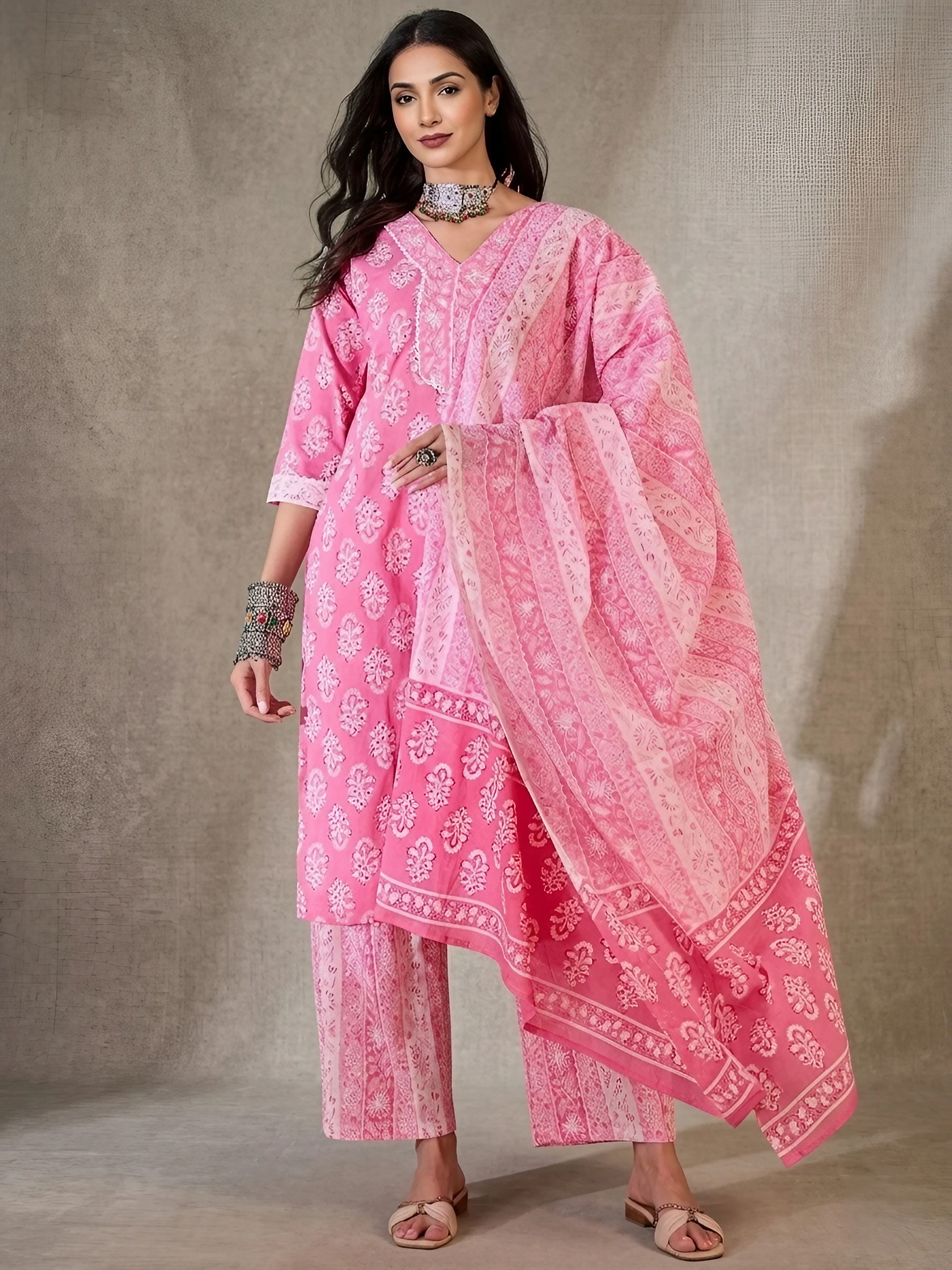 Women Pure Cotton Pink Stitched Printed Kurta set with dupatta