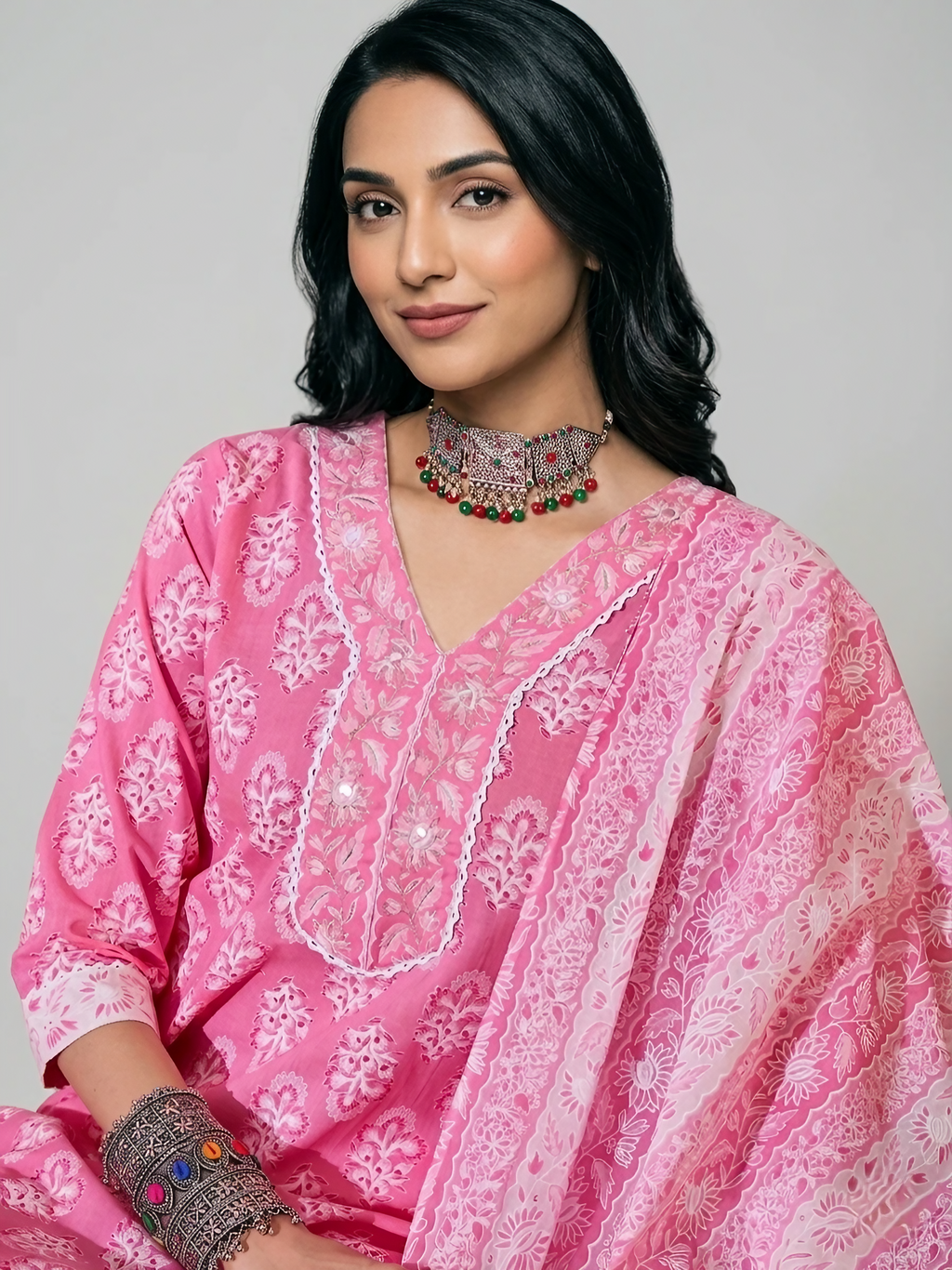 Women Pure Cotton Pink Stitched Printed Kurta set with dupatta